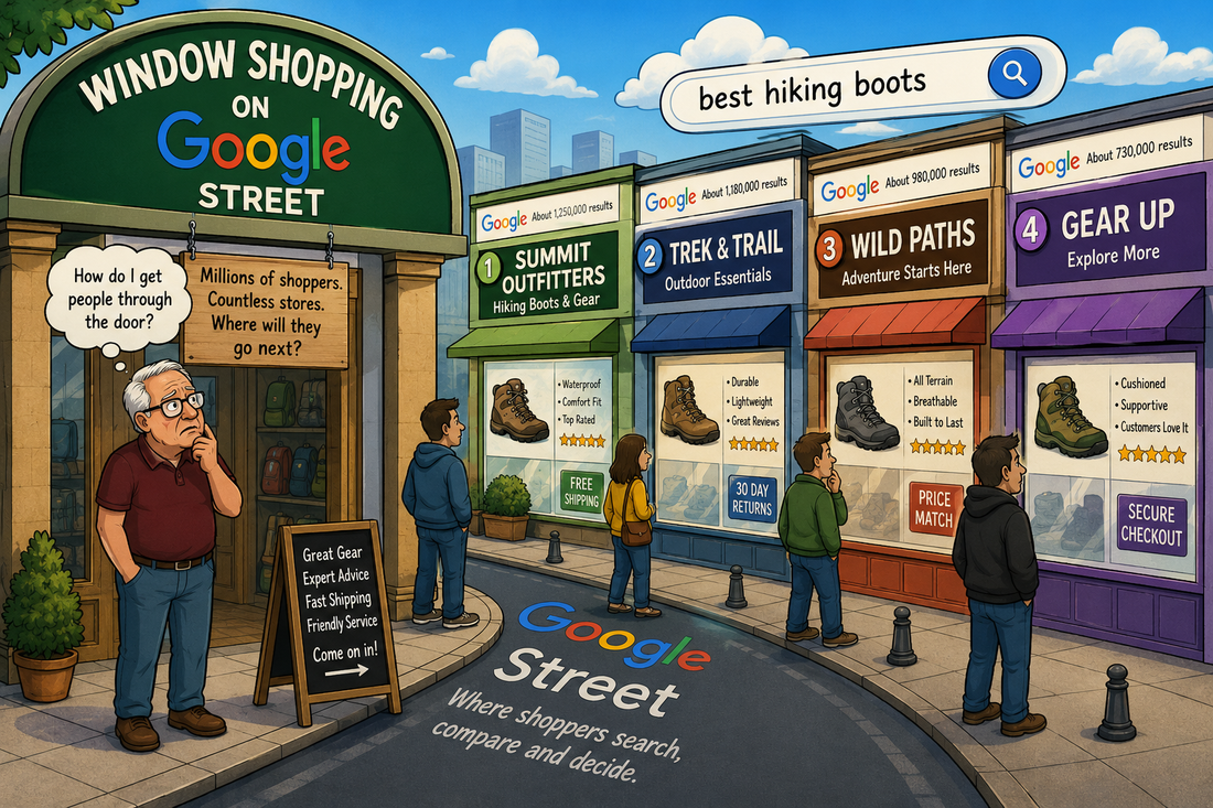 Shopify store owners window shopping on Google Street, illustrating how SEO helps online stores get found through Google searches