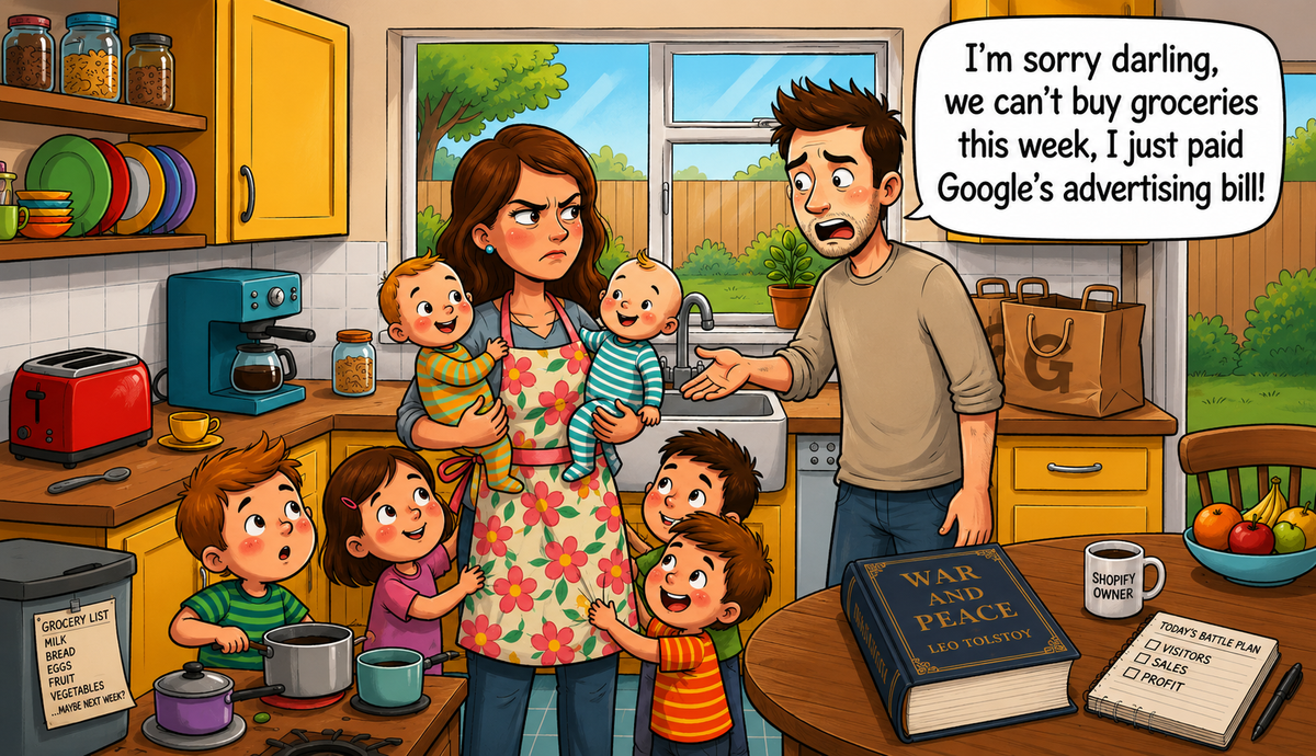 Shopify store owner explaining the cost of Google advertising to his wife after spending the grocery money on ads